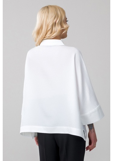 Kadın Gömlek Yakalı Yaka İndigo Mavi Kol Ucu Manşetli İnce Kot Kumaş Bluz Beyaz