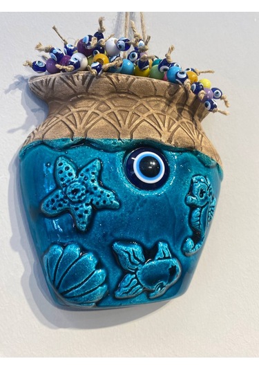 El Yapımı Nazar Boncuğu, Duvar Dekorasyon Ürünü, Seramik, El İşçiliği, Turkuaz Renkte Vazo Desenli -