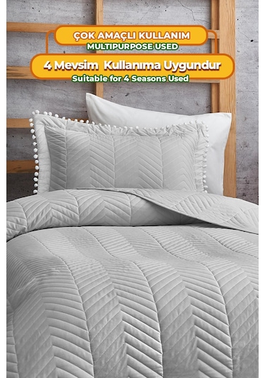 Evlen Home Ponponlu %100 Pamuk Tek Kişilik Günlük Yatak Örtüsü Pike Takımı Seti Gri