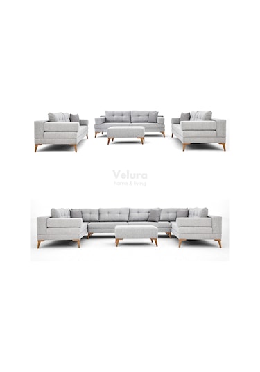 Zeri 3+3+3 Yataklı Puzzle Modüler U Köşe Koltuk Takımı & Puflu Köşe Takımı - Açık Gri 102 Açık Gri