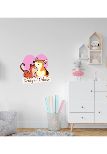Kişiye Özel Sevimli Kedi ve Köpek Tasarımlı Çocuk Odası Duvar Sti N11.17