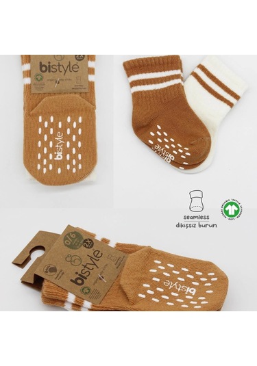 Bistyle Çemberli Kaymaz Soket Çorap 2'li Bs10125 Ekru Hardal Ekru Hardal