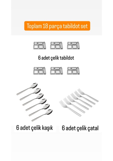 18 Parça Piknik Kahvaltılık Çelik Tabildot Set 6 Adet Çatal ,6 Adet Kaşık ,6 Adet Tabildot Tabak Gümüş
