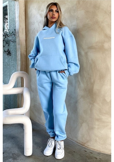 Bebe Mavisi That So Fetch Eşofman Takımı - Baskılı Oversize Kapüşonlu Şardonlu Bebe Mavisi
