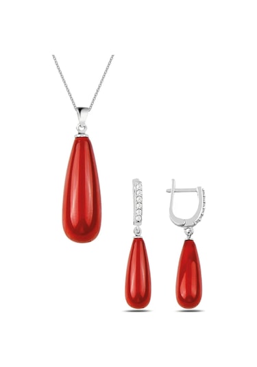 Gümüş Uzun Damla Model Kolye Küpe Mercan Taşlı Set