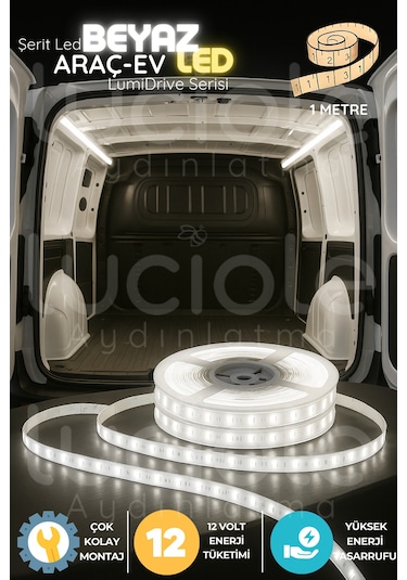 Lumidrive 1 Metre Beyaz 12v Led Şerit Araç İçi Aydınlatma, Kablo Uçlu, 2835, Yapışkanlı