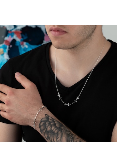 Dkmn Gümüş Dikenli Tel Şekilli 925 Ayar Erkek Gümüş Bileklik