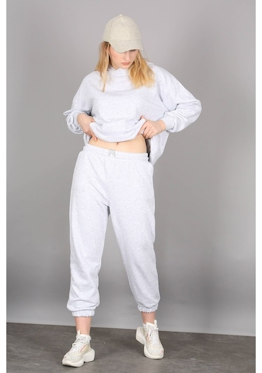 Mad Girls Gri Kapüşonlu Kadın Eşofman Takımı Mg1225 Gri