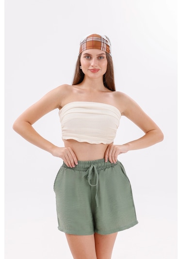 Genius Store Genıus Store Kadın Şort Aerobin Pamuklu Cepli Çekmez Kumaş Beli Lastikli Şort Yeşil