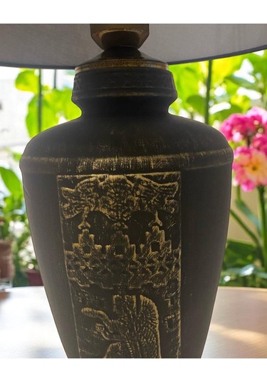 Gold Renk Eskitme Sümer Dekoratif Abajur - Siyah Siyah