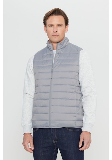 Erkek Grı Rüzgar Geçirmez Taşınabilir Çantalı Sıcak Tutan Elyaf Dolgulu Ultra Hafif Standart Fit Şişme Yelek Gri