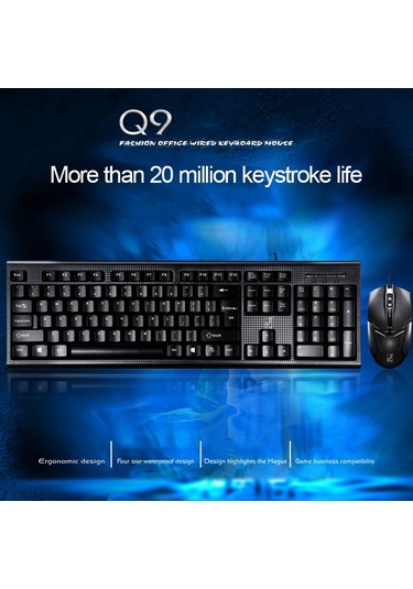 Chasing Leopard Q9 1600 Dpı Profesyonel Kablolu Izgara Doku Oyun Ofis Klavyesi Optik Fare Kiti Siyah Optik
