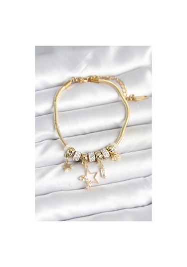 Pirinç Gold Renk Yıldız Charmlı Kadın Bileklik Çok Renkli