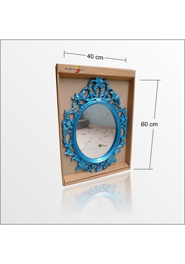 50X70 İşlemeli Rustik Mavi Yaldız Elips Antik Duvar Boy Aynası