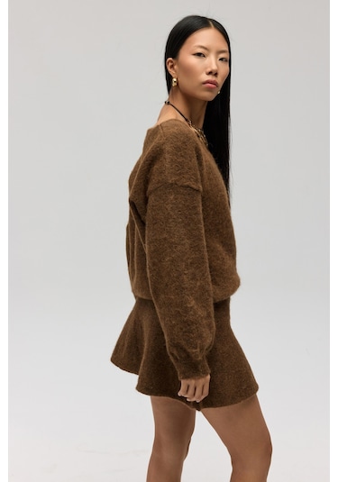 Mai Collection Mai Studios Co. Nordis Volanlı Açık Kahve Triko Mini Etek Acık Kahve