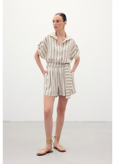 Sateen Çizgili Keten Şort - Camel-136386 Camel