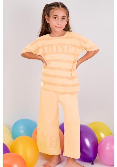 Kız Çocuk Eşofman Takımı Çizgili İspanyol Paça B17 Bej