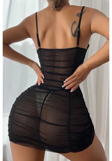 Merry See Transparan Büzgülü Gecelik İç Giyim Takım Siyah