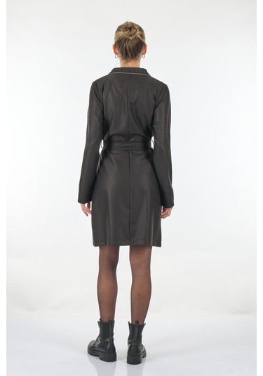 Unique Mode V Yaka Çizgili Uzun Kollu Siyah Kadın Elbise Uw233503 001