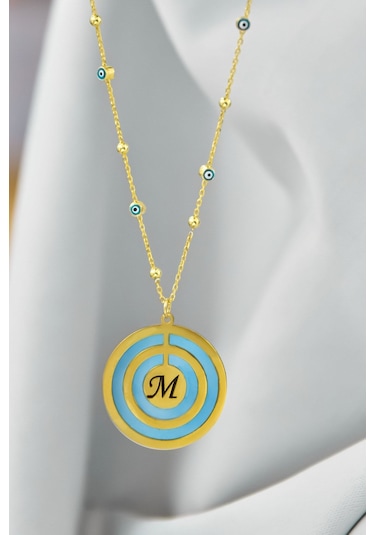 925 Ayar Gümüş Rüya Serisi Cam Boyalı Dönence, İç İçe Daire Harfli Mineli Nazar Göz Zincirli Kolye Gümüş