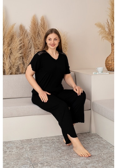 Bambu Kumaş Büyük Beden Kadın Dantelli Kısa Kollu Pijama Takımı Yumuşak, Nefes Alabilir, Şık Ve Rahat, M-5xl Bordo