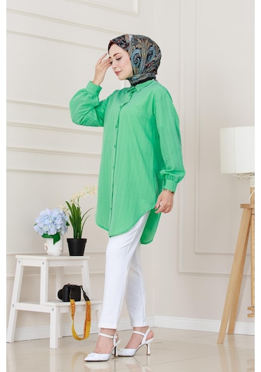 Sevitli Göğüsü Taş Detaylı Oversize Tunik-su Yeşili-5231 Su Yeşili