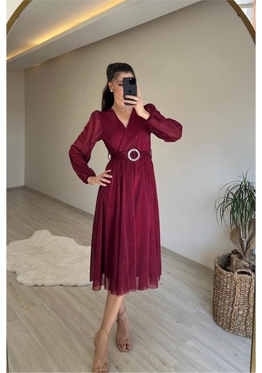 Neşeli Butik Kadın Kruvaze Yaka Tokalı Midi Boy Işıltılı Elbise Nm009 Bordo