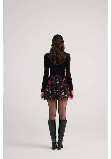 Holly Lolly Balon Model Gül Desenli Mini Donna Etek Siyah