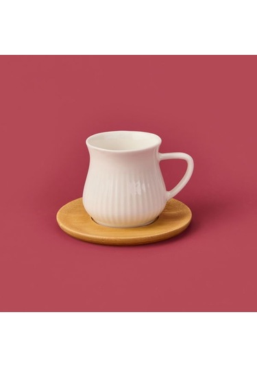 Mien Bambu Tabaklı Çizgili Fincan Seti - Açık Kahverengi / Beyaz - 100 Ml Açık Kahverengi / Beyaz