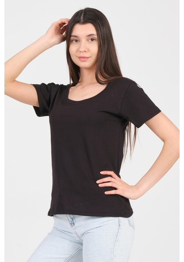 As Collection Siyah Kayık Yaka Kısa Kol Örme Kadın T-shirt Siyah