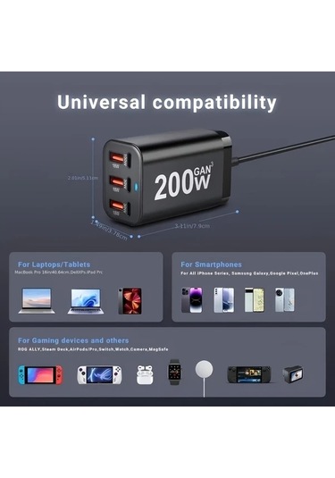 Topshop1 Siyah Yms-618 200w Gan Iıı 6 Portlu Usb C Şarj Aleti Qc3 1 Pd 100w Dizüstü Şarj Adaptörü Macbook İphone Uyumlu Galaxy Uyumlu S24 S23 S22 İçin