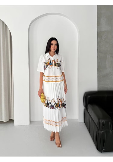Asprinfashion Plise Etekli Baskılı Bayan Gömlek Etek Takım Beyaz