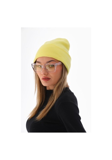 Unisex Kışlık Limon Sarı Katlamalı Bere Sarı