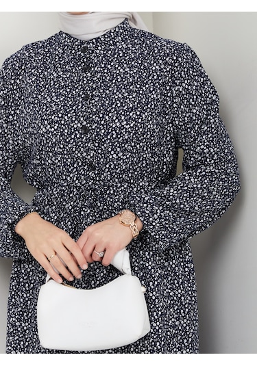 Düğme Detaylı Çiçekli Viskon Elbise - Lacivert / E0123 Lacivert