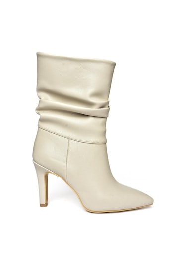 Fox Shoes R404020309 Bej İnce Topuklu Büzgülü Kadın Bot Bej