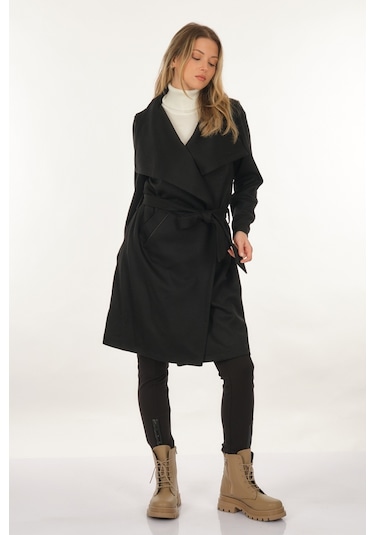 Tdee Concept Kruvaze Yaka Bağlama Detaylı Siyah Kadın Kaban 22295004 001