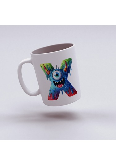 X Harfi Bardak, Sevimli Canavarlar Harflı Bardak Hediyesi Porselen Beyaz