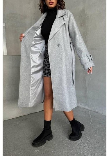 Neşeli Butik Kadın Astarlı Gri Melanj İthal Kaşe Kaban Nbg048 Gri Melanj