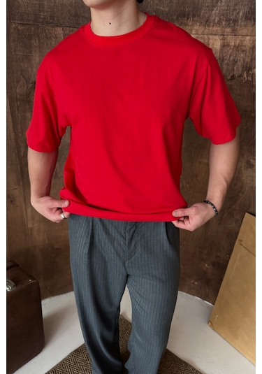 Hyman Erkek %100 Pamuk Oversize Basic T-shirt Kırmızı
