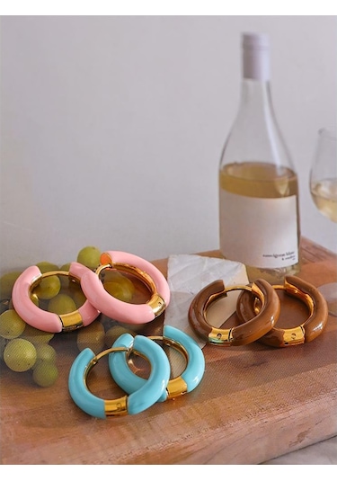 Pembe Eetit 20mm Şeker Renk Mavi Pembe Kahverengi Emaye Paslanmaz Çelik Içi Boş Hoop Küpeler Altın Basit Trendy Y2k Tatlı Takı Hediye Çok Renkli