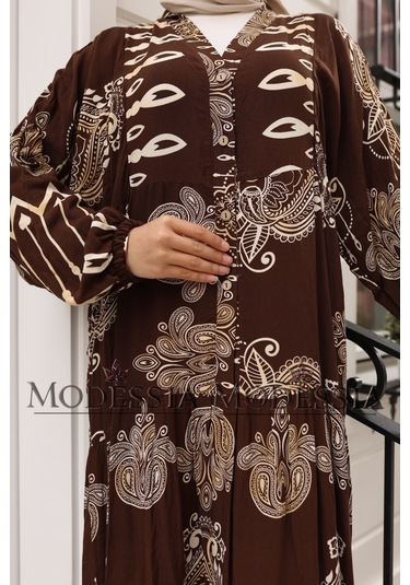 Kadın Kahve %100 Viskon Pamuklu V Yaka Alaçatı Model Kat Kat Elbise V6532 Kahve