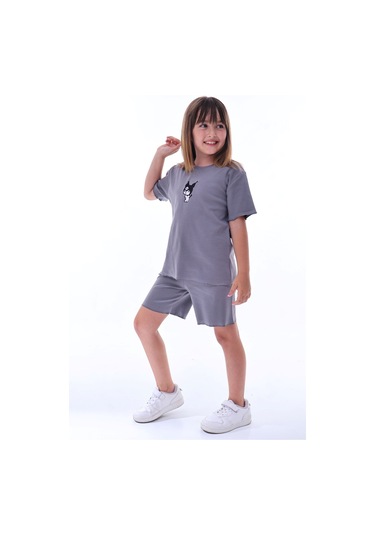 Ribana Beybi Overlok Detaylı Kuromi Nakışlı Alt-üst Takım Füme