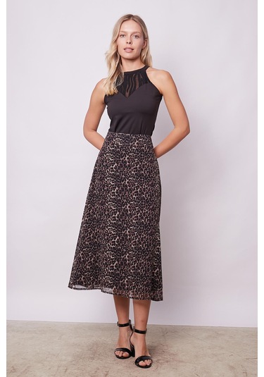 Kadın Desenli Şifon Astarlı Yüksek Bel Kemerli Midi Boy Diz Altı Uzun Çan Etek-leopar Leopar