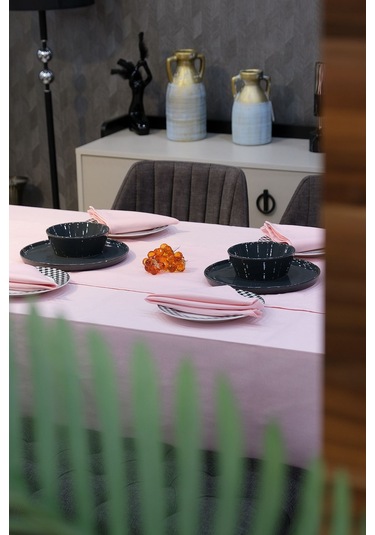 Dream 8 Parça Masa Örtüsü Seti Çeyiz Seti Salon Masa Örtüsü, Runner, 6'lı Peçete Pembe