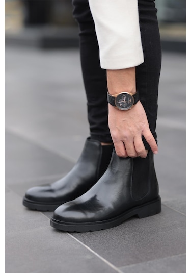Shoetyle - Siyah Hakiki Deri Erkek Chelsea Bot-719-siyah Siyah