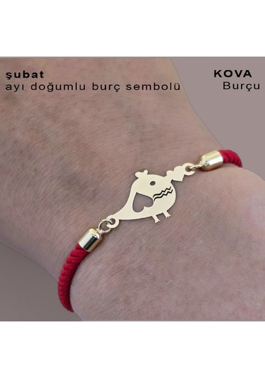 Archin Şubat Ayı Doğumlarına Minik Kuş Motifli Kırmızı Örgülü 14 Ayar Altın Plakalı Hediye Bileklik-363ay Şubat