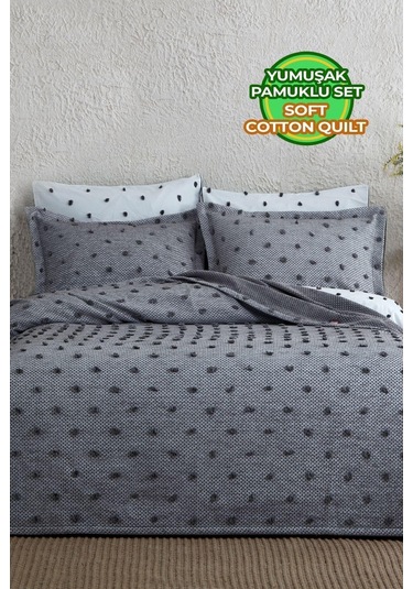 Evlen Home Ash Pike Takımı Yatak Örtüsü Seti Çift Kişilik Pamuklu 3 Parça Yumuşak Günlük Gri