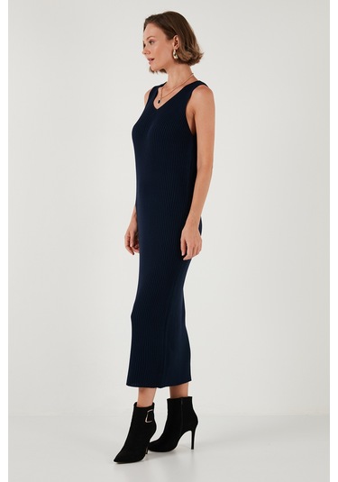 Lela V Yaka Fitilli Uzun Triko Bayan Elbise 4616169 Lacivert