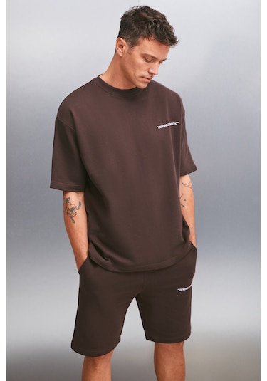 Colombıa Erkek 2'li Set Comfort Fit Rahat Kalıp Yazı Nakışlı Şardonsuz Kahverengi Eşofman Takımı