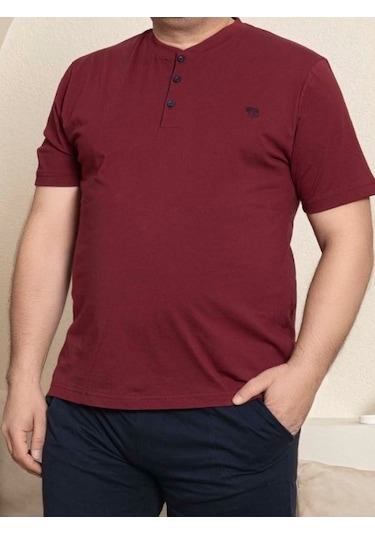 Erkek Geniş Kalıp %100 Pamuk Kısa Kol Cepli Büyük Beden Pijama Takımı Bordo